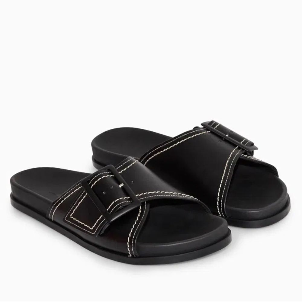 COS Contrast Stitch Buckle Leather Slide Sandals NIB